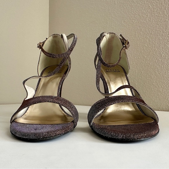 ✨STUART WEITZMAN Vixen Glitter Metallic Woven Strappy Sandals Pyrite Size 6.5 - Picture 4 of 16